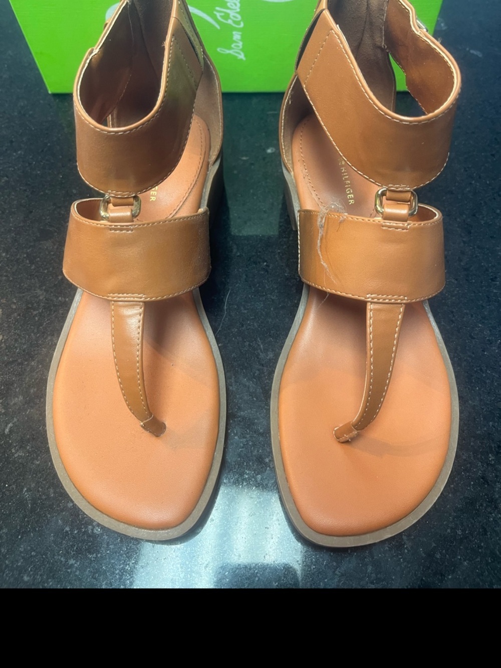 Sz 7 Tommy Hilfiger Tan Leather Block Heel Sandals - Picture 3 of 9